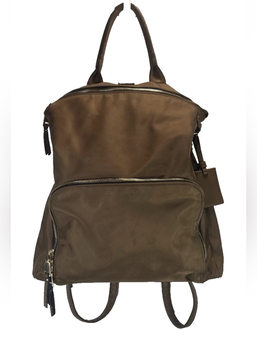 Taupe Brown Nylon Convertible Backpack Purse Gold Zip Crossbody Shoulder Bag